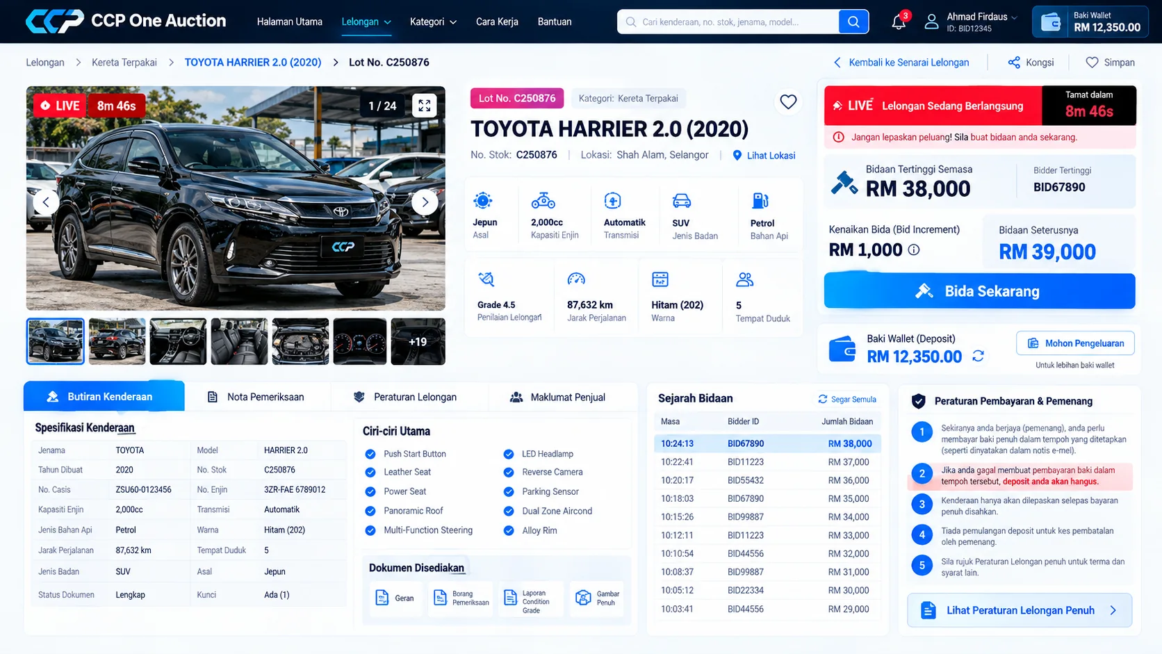 Konsep halaman butiran lot dan Live Bid