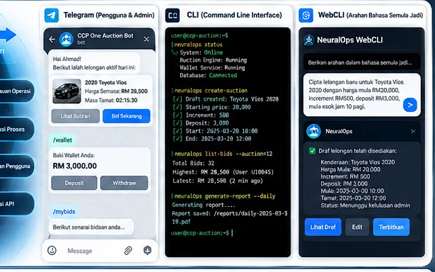 Mockup gabungan Telegram, CLI dan WebCLI Agent AI
