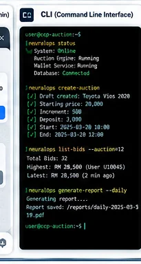 Mockup terminal CLI Agent AI untuk audit sistem dan tugasan teknikal