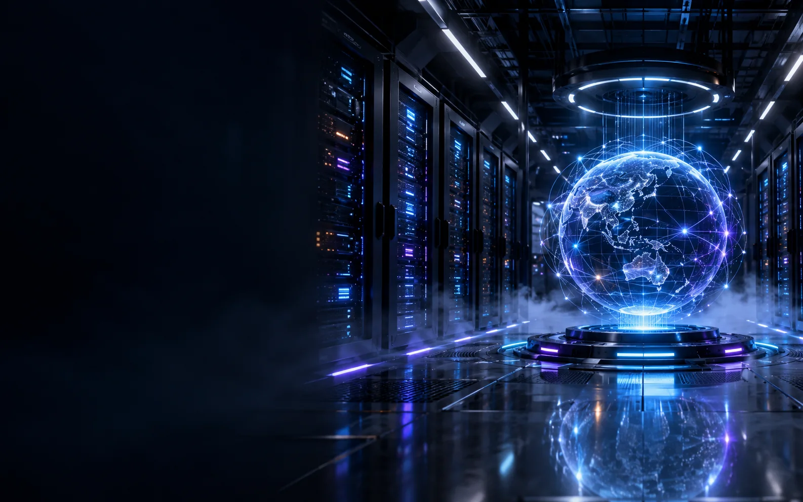 Cinematic illustration of an illuminated server room and holographic cloud network